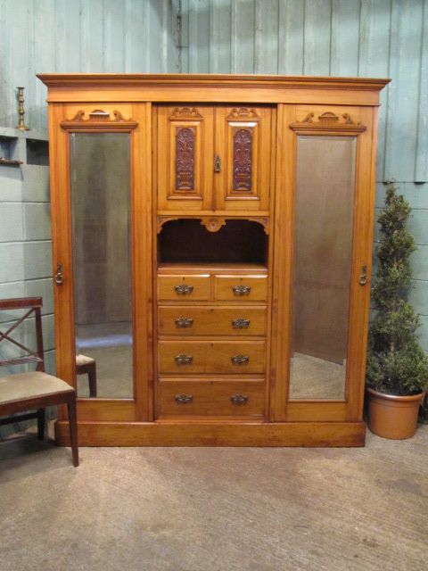 Antique Victorian Art Nouveau Satinwood Triple Wardrobe Compactum C1890