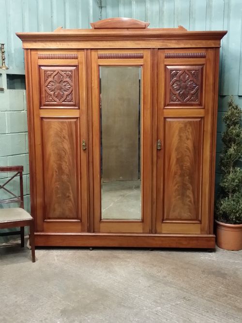 Antique Edwardian Walnut Triple Wardrobe C1900