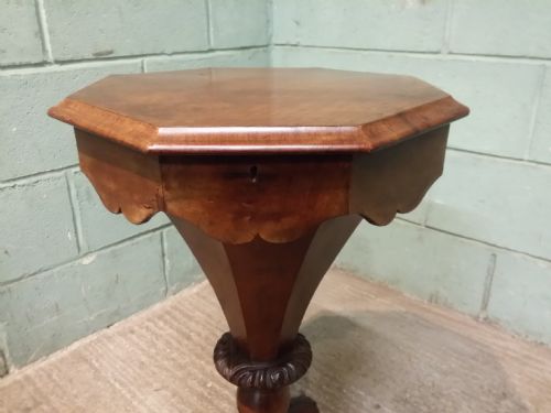 fig 1. Antique Victorian Burr Walnut Trumpet Sewing Work Table c1880