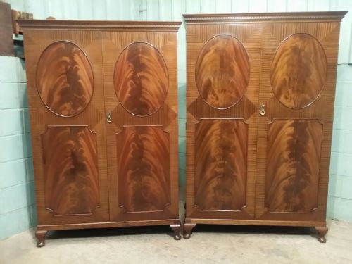 Pair 1920'S Ladies and Gents Flamed Mahogany Wardrobes