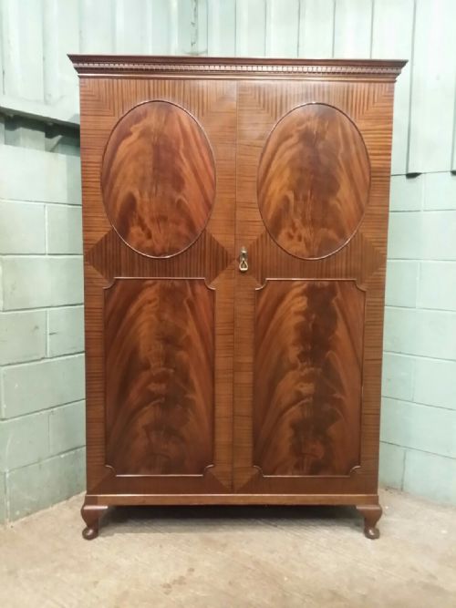 fig 1. PAIR 1920's LADIES AND GENTS FLAMED MAHOGANY WARDROBES