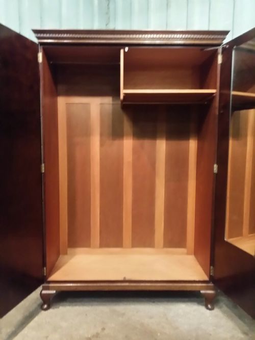fig 3. PAIR 1920's LADIES AND GENTS FLAMED MAHOGANY WARDROBES