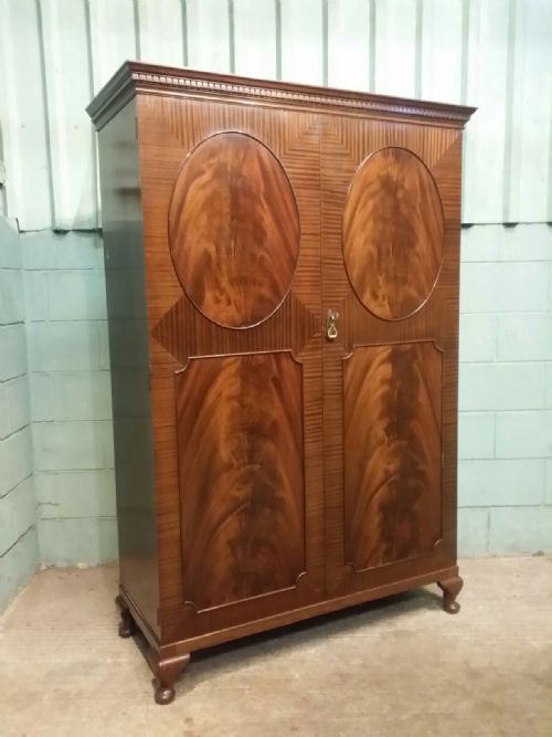 fig 4. PAIR 1920's LADIES AND GENTS FLAMED MAHOGANY WARDROBES