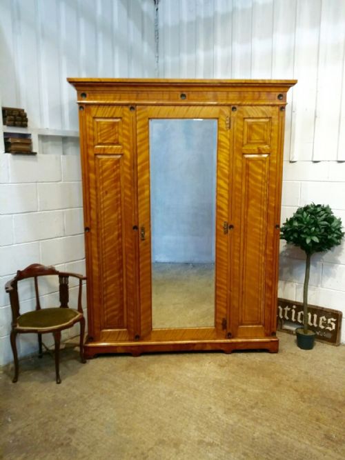 Antique Victorian Large Satin Birch Double Wardrobe C1880