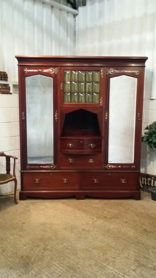 Antique Arts & Crafts Mahogany Triple Wardrobe by Shapland & Petter C1890