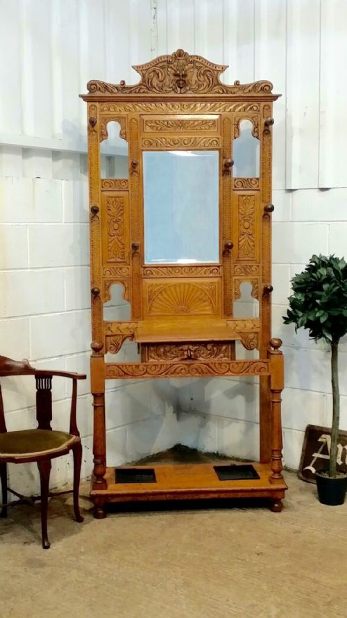 Antique Victorian Light Oak Carved Green Man Hallstand. C1880