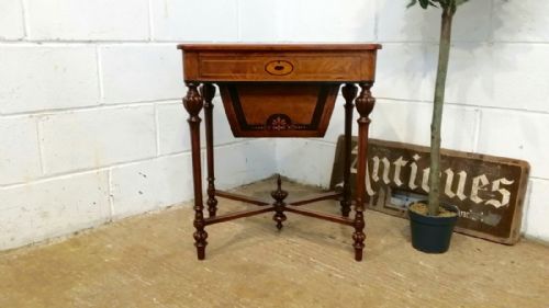 Antique Victorian Burr Walnut Inlaid Work Sewing Table C1880