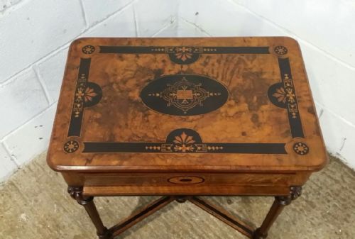 fig 1. ANTIQUE VICTORIAN BURR WALNUT INLAID WORK SEWING TABLE C1880