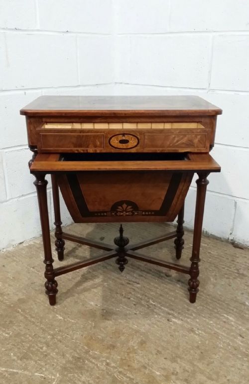 fig 2. ANTIQUE VICTORIAN BURR WALNUT INLAID WORK SEWING TABLE C1880