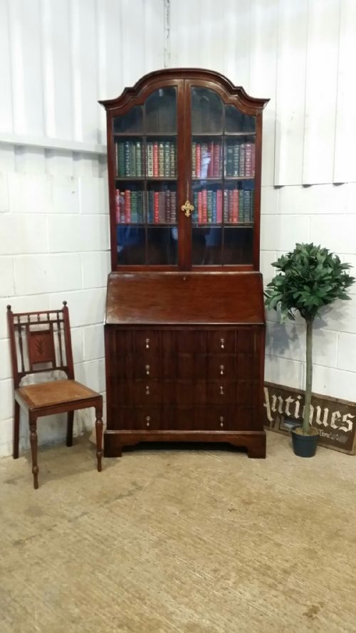 Antique Mahogany Serpentine &  Glazed Bureau Bookcase C1920