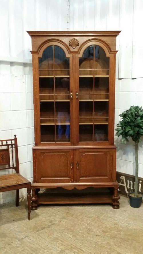 Antique German Tall Glazed Oak Bookcase C1900