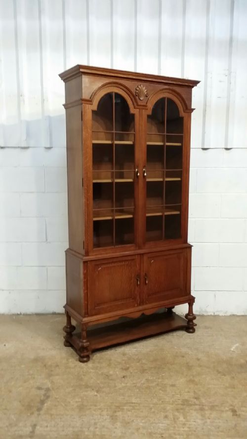 fig 1. ANTIQUE GERMAN TALL GLAZED OAK BOOKCASE C1900