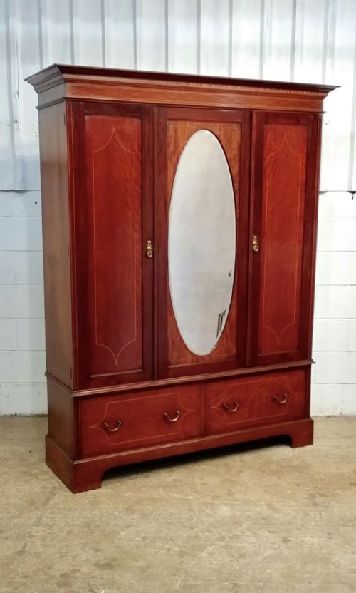 fig 1. ANTIQUE EDWARDIAN SMALL INLAID MAHOGANY TRIPLE WARDROBE C1900