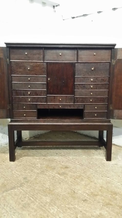 Antique Early Victorian Oak Collectors Cabinet on Stand with Secret Compartments. C1840