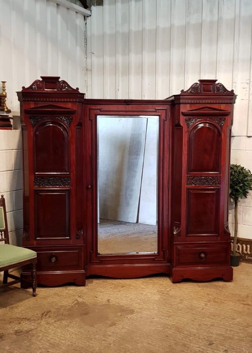 Antique Late Victorian Mahogany Breakfront Triple Wardrobe C1890
