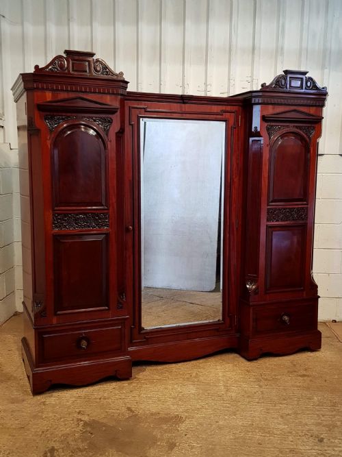 fig 1. ANTIQUE LATE VICTORIAN MAHOGANY BREAKFRONT TRIPLE WARDROBE C1890