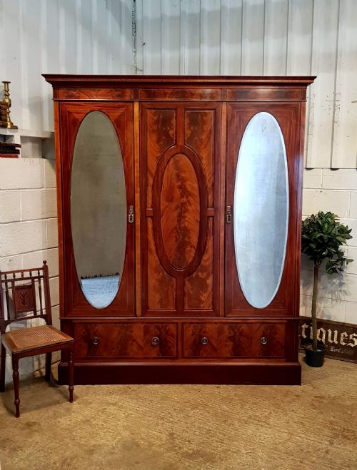 Antique Edwardian Flamed Mahogany Triple Wardrobe C1900