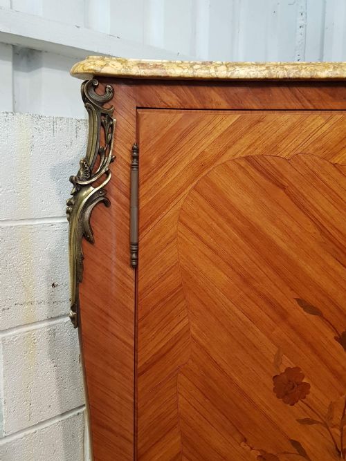 fig 1. ANTIQUE FRENCH PARQUETRY DECORATIVE MARBLE TOPPED CABINET C1920
