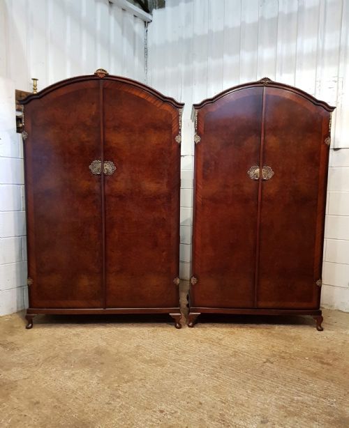 Antique Pair Superb Ladies & Gents Burr Walnut Wardrobes C1920