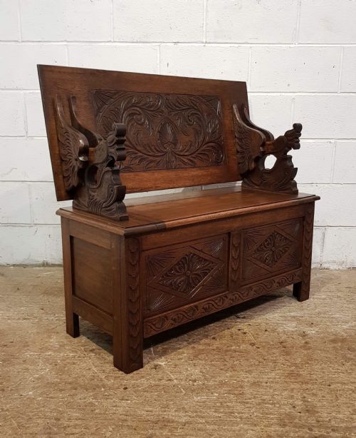 fig 1. ANTIQUE CARVED OAK FOLDING MONKS BENCH C1920