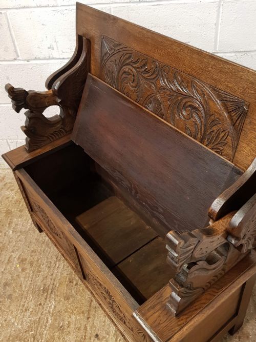 fig 2. ANTIQUE CARVED OAK FOLDING MONKS BENCH C1920