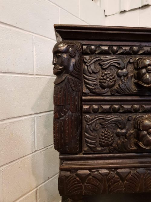 fig 1. ANTIQUE MID 18TH CENTURY PERIOD CARVED OAK CHEST ON STAND C1740