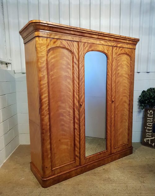 Antique Victorian Satin Birch Triple Wardrobe C1880
