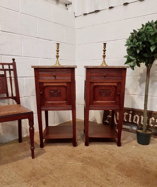Antique Pair French 19th Century Marble Topped Oak Bedside Cabinets C1880