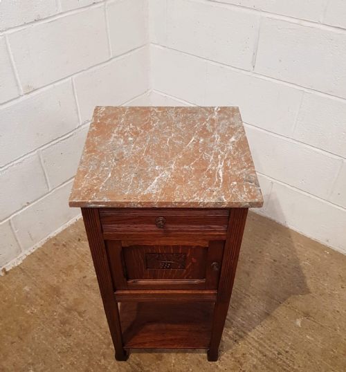fig 1. ANTIQUE PAIR FRENCH 19TH CENTURY MARBLE TOPPED OAK BEDSIDE CABINETS C1880