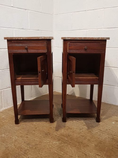 fig 2. ANTIQUE PAIR FRENCH 19TH CENTURY MARBLE TOPPED OAK BEDSIDE CABINETS C1880