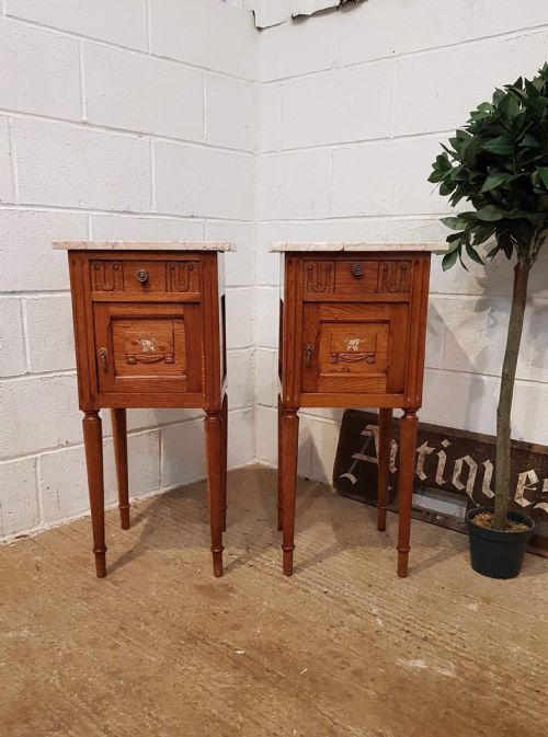 Antique Pair French Medium Oak Marble Topped Bedside Cabinets C1920