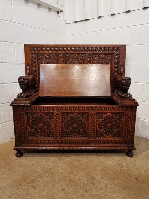 fig 1. ANTIQUE LATE VICTORIAN CARVED OAK MONKS BOX BENCH C1890