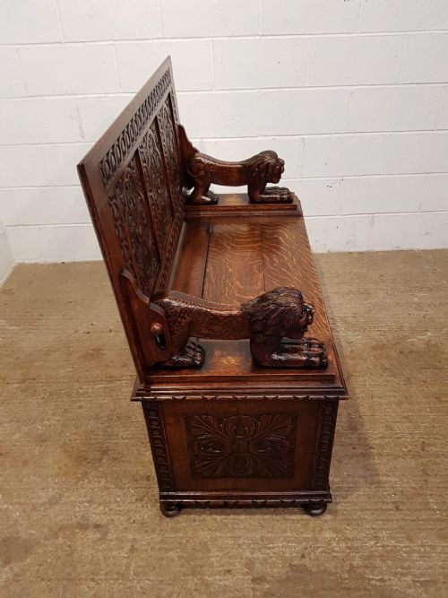 fig 2. ANTIQUE LATE VICTORIAN CARVED OAK MONKS BOX BENCH C1890