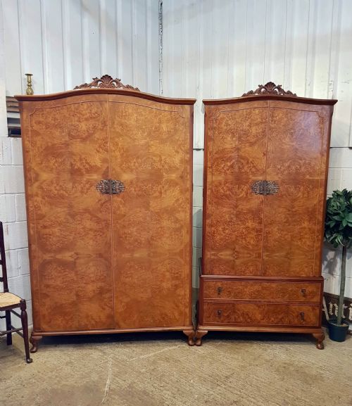 Antique Pair Queen Anne Burr Walnut Ladies and Gents Wardrobes C 1920