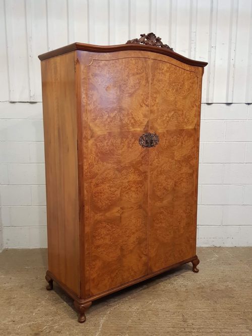 fig 1. ANTIQUE PAIR QUEEN ANNE BURR WALNUT LADIES AND GENTS WARDROBES C 1920