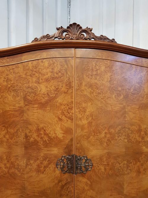 fig 3. ANTIQUE PAIR QUEEN ANNE BURR WALNUT LADIES AND GENTS WARDROBES C 1920