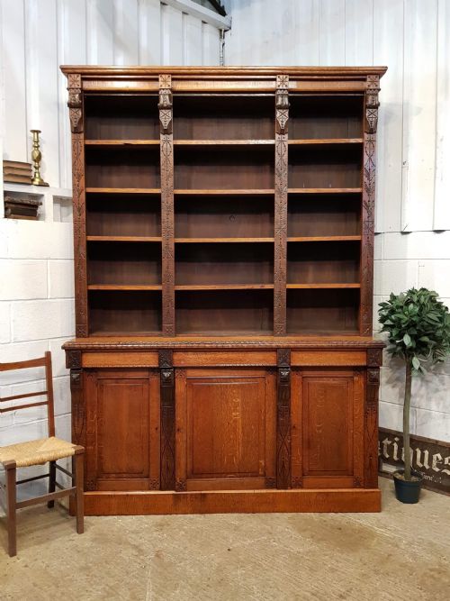 Antique Late Victorian Aesthetic Large Oak Library Bookcase C1890