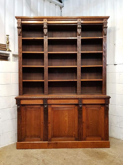 fig 2. ANTIQUE LATE VICTORIAN AESTHETIC LARGE OAK LIBRARY BOOKCASE C1890