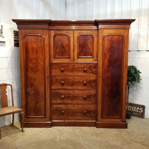 Antique Victorian Flamed Mahogany Inverted Breakfront Triple Wardrobe Compactum C1880