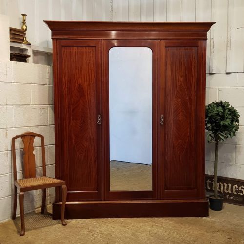 Antique Edwardian Inlaid Mahogany Small Triple Wardrobe Compactum C1900