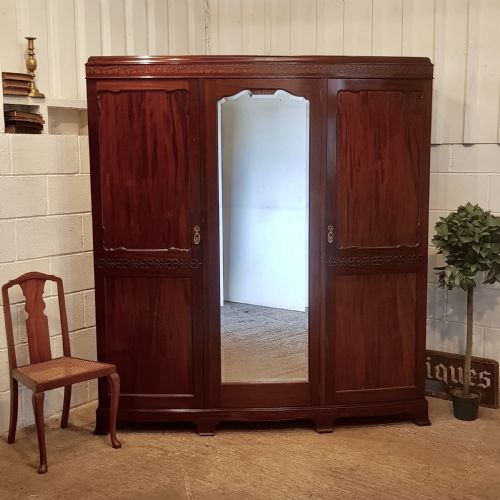 Antique Edwardian Chippendale Mahogany Bow Front Triple Wardrobe C1900