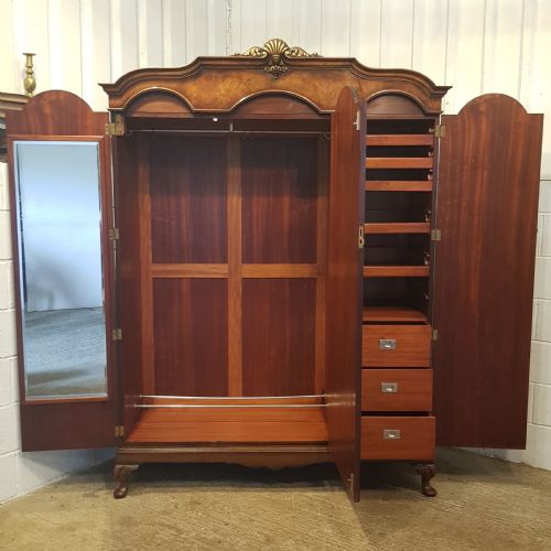 fig 1. ANTIQUE BURR WALNUT TRIPLE WARDROBE C1920
