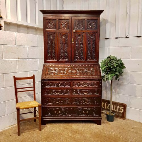 Antique Georgian Period Carved Oak Bureau Bookcase C1780