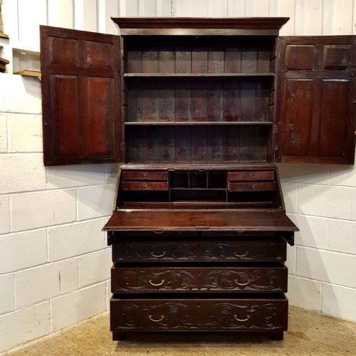 fig 1. ANTIQUE GEORGIAN PERIOD CARVED OAK BUREAU BOOKCASE C1780