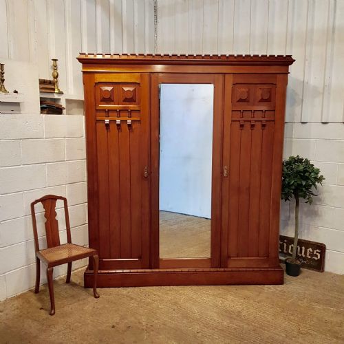 Antique Arts & Crafts Walnut Triple Wardrobe Compactum C1890