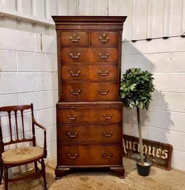 Antique Chippendale Style Narrow Mahogany Chest on Chest C1920