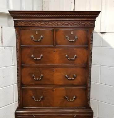 fig 2. ANTIQUE CHIPPENDALE STYLE NARROW MAHOGANY CHEST ON CHEST C1920