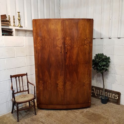 Antique Art Deco Burr Walnut Bow Front Double Wardrobe C1920