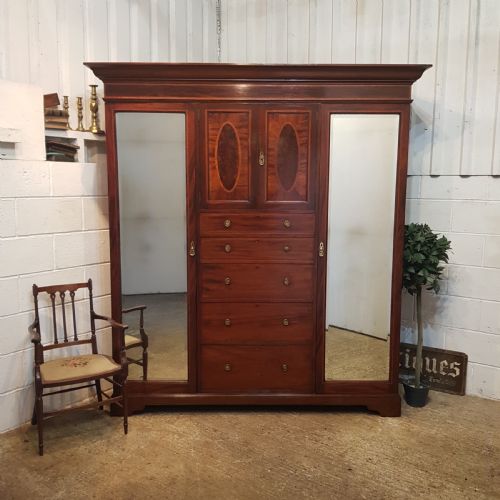 Antique Edwardian Inlaid Mahogany Triple  Wardrobe C1900