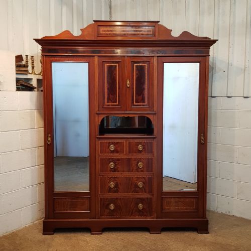 fig 1. ANTIQUE ART NOUVEAU INLAID MAHOGANY TRIPLE WARDROBE COMPACTUM C1890